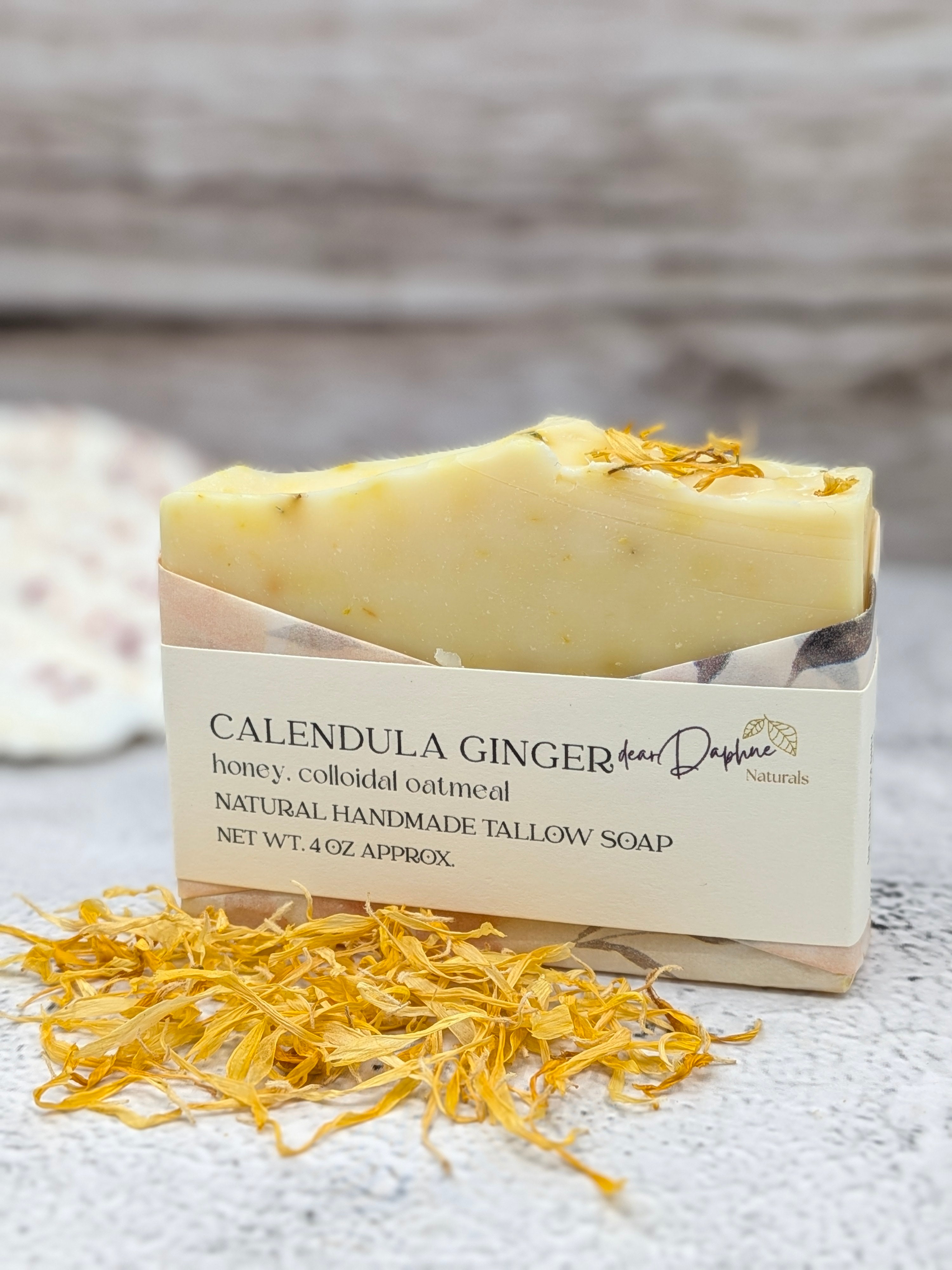 Calendula Ginger Handmade Tallow Body Soap - with Honey, essential oils of ylang ylang blend